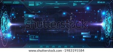 Horizontal abstract holograms with HUD interface. Blank cyberspace with futuristic elements. Circle elements Sci-fi podium for show product in cyberpunk style. 3D holograms HUD for UI, Web. Vector lab