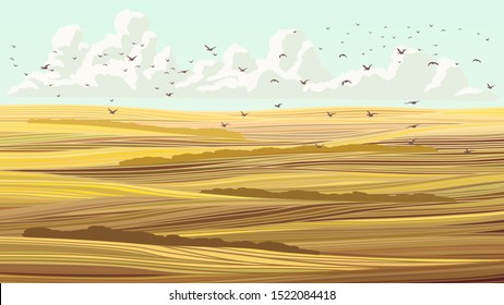 Horizontal abstract illustration of autumn field and sky with flock of birds.