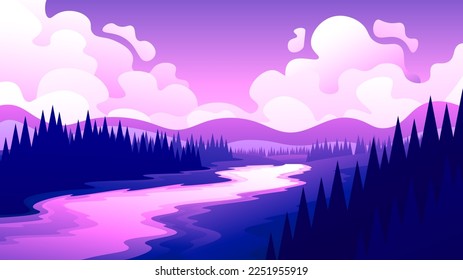 Ilustración abstracta horizontal de un bosque denso cerca del río sinuoso por la noche sobre el fondo del cielo rosado.