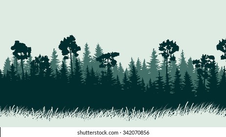 Horizontal abstract illustration of green coniferous forest with grass.