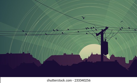 Horizontal abstract illustration of night city with birds on power line in green tone.