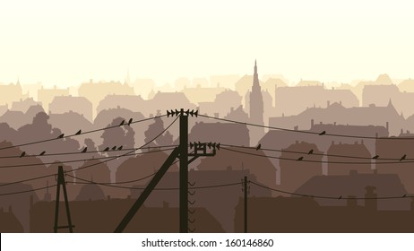 Horizontal abstract illustration of old historic European city with birds on power line.