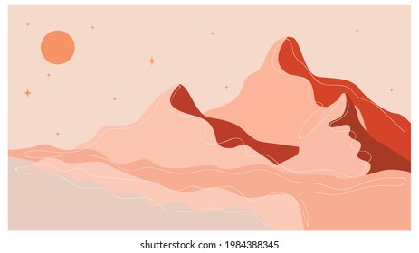 Horizontale abstrakte Landschaft. Wüste. Boho Stil. Minimalistische Landschaft. Eine Zeile. Trenddruck der Natur, für Pose, für Dekoration, Hintergrund, für Verpackung, für Webdesign.