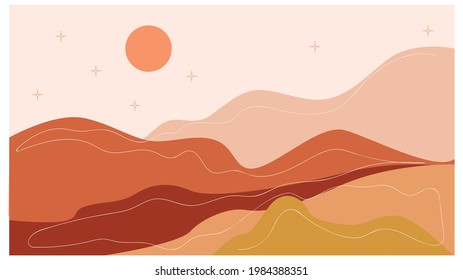 Horizontal abstract landscape. Desert. Boho style. Minimalistic landscape. One line. Trendy print of nature, for pose, for decor, background, for packaging, for web design.