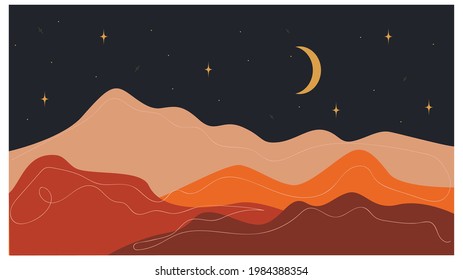 Horizontal abstract landscape. Desert. Boho style. Minimalistic landscape. One line. Trendy print of nature, for pose, for decor, background, for packaging, for web design.