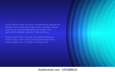 Horizontal abstract marine slide with place for text. Blue layered circles cut out of paper. Vector neon template for banner, card and your design.