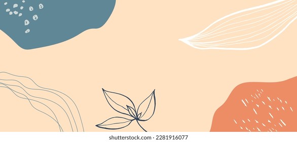 Fondo abstracto horizontal minimalista con formas orgánicas, líneas, hojas y texturas. Ilustración vectorial contemporánea dibujada a mano.