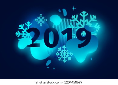 Horizontal abstract neon geometric design for happy new year 2019. Holiday offer banner with vector liquid form and decor snowflakes on dark background. Blue template graphic with fluid dynamic shape