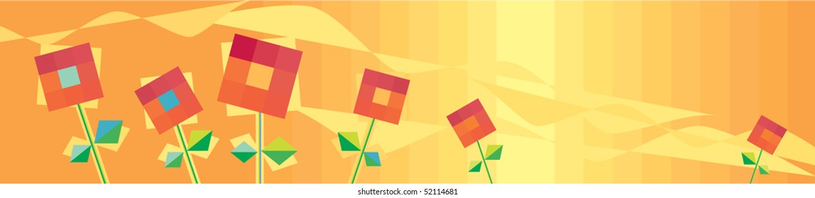 Horizontal abstract orange background with decorative red flowers