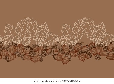 horizontal abstract seamless pattern of oak acorns, for backdrops designs, textiles, fabrics, vector illustration with colored contour lines on a brown background in doodle and hand drawn style