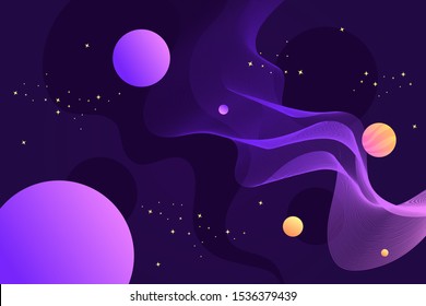 Horizontal abstract space vector banner. Universe, planets and stars. Milky Way. Cartoon illustration