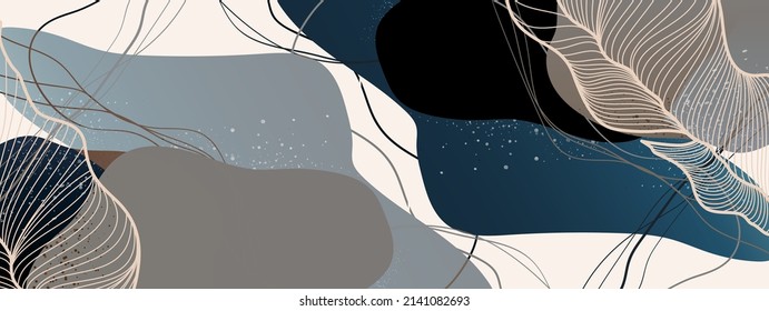 Horizontal abstract texture in natural beige, black shades with tropical leaves. Vector illustration for banners, wallpapers, background, sales, discounts, promotions, etc.