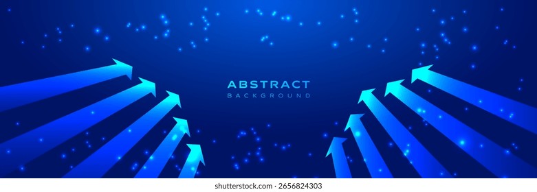 Horizontal abstract vector background with glowing arrows pointing upward on dark blue backdrop. Perfect for technology, growth, innovation, and futuristic business presentation concepts.