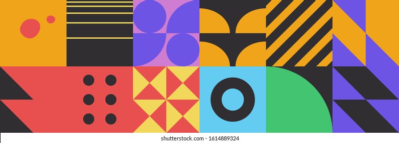 Horizontal abstract vector pattern with simple geometric shapes and forms. Long composition of graphic elements, useful for web design, business presentation, website header, invitation background.