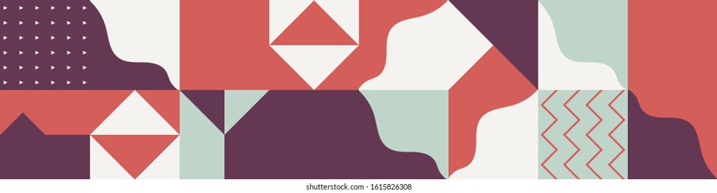 Horizontal abstract vector pattern with simple geometric shapes and forms. Long composition of graphic elements, useful for web design, business presentation, website header, invitation background.