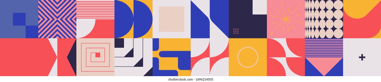 Horizontal abstract vector pattern with simple geometric shapes and forms. Long composition of graphic elements, useful for web design, business presentation, website header, invitation background.