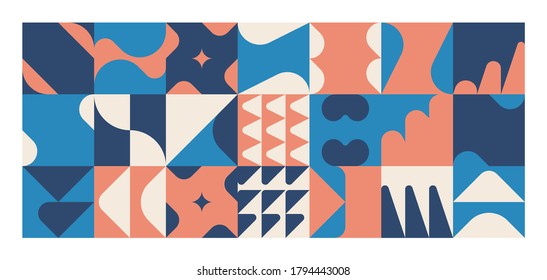 Horizontal abstract vector pattern with simple geometric shapes and forms. Long composition of graphic elements, useful for web design, business presentation, website header, invitation background.