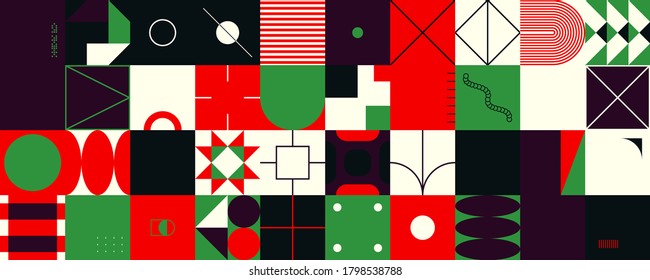 Horizontal abstract vector pattern with simple geometric shapes and forms. Long composition of graphic elements, useful for web design, business presentation, website header, invitation background.