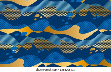 Horizontal abstract waves with geometric texture. Seamless pattern for wrap, paper, packing, surface design, fabric, print, web. Jupan textile inspired tile motif. Vector repeatable element