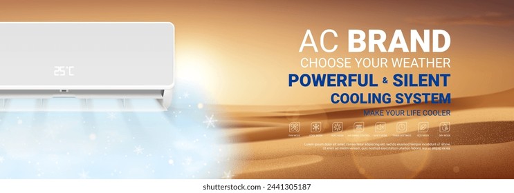 Horizontal ad banner of air conditioner. Realistic vector illustration with air conditioner with cooling air in hot desert. Modern split system climate control for home. Product mockup concept.