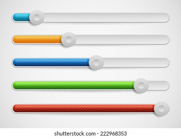 Horizontal adjusters, sliders with knobs. Multicolor modern UI elements - easy to edit