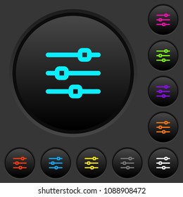 Horizontal adjustment dark push buttons with vivid color icons on dark grey background