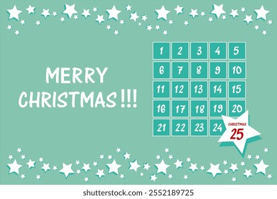 Horizontal advent calendar with a frame of white stars at the top and bottom on a green background and a large star with a red holiday date inside. Vector illustration for design and print