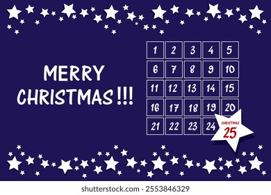 Horizontal advent calendar with a frame of white stars at the top and bottom on a blue background and a large star with a red holiday date inside. Traditional countdown to the holiday