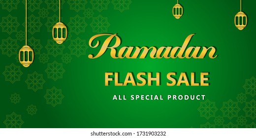 Horizontal advertisement of arabian poster. ramadan moon special discount. with pattern and green background