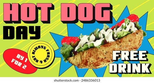 Horizontal advertising banner for hot dog day in retro collage style. Big sausage in bread with halftone effect, special offer stickers.