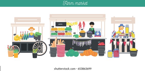 Horizontal advertising banner on farm market theme, organic food. Different vendors, local shop. Farmers sell fresh products, vegetables, fruits, bread, drink. Colorful vector illustration.