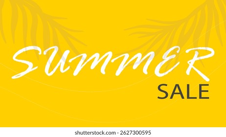 Horizontal advertising banner summer sale. Bright yellow background with silhouette of palm leaves and text. Seasonal hot time mailing. Template for leaflet, brochure, announcement. Vector graphics
