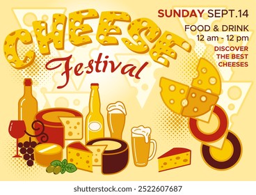 Horizontal advertising poster, template for Cheese Festival, fest, event with typography design, icons of cheese, wine bottle, beer glass. Outline icons of cheese pieces behind. Retro style