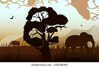 Horizontal african landscape with tropical animals, trees and grass in warm colors. Savannah view with rhino, elephant silhouettes. Exotic safari background for posters, banners.