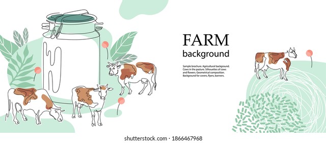 Horizontal agricultural background. Cows and milk can. One line drawing. Continuous line. Minimalism style graphics. Template for magazines, posters, flyers.