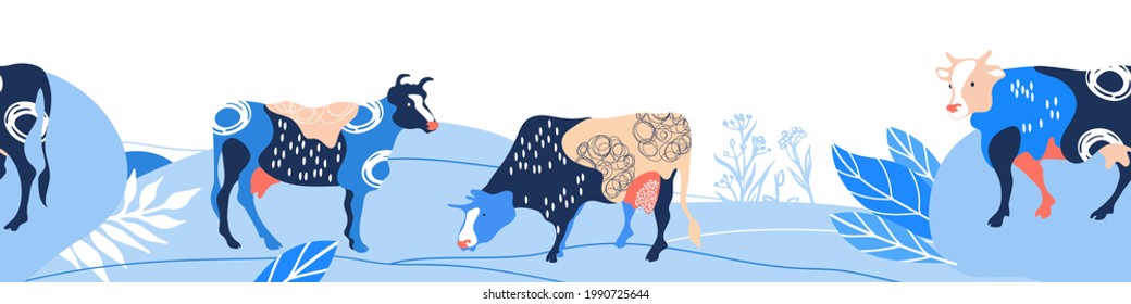 Horizontal agricultural background. Silhouettes of cows and leaves. Background for covers, flyers, banners.