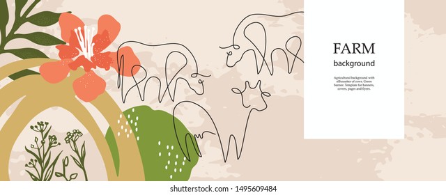 Horizontal agricultural banner. Cow drawn in one line. Vector graphics in a minimalistic style. Sample for the design of dairy products.