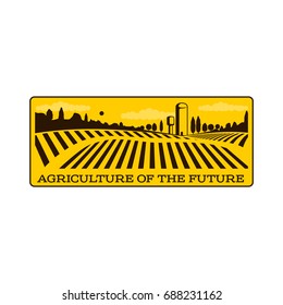 Horizontal agriculture logo, badge, label with fields and water towers over forest and cloudy sky background, vector illustration. Two color horizontal logo, badge, label design with farm fields