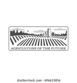 Horizontal agriculture logo, badge, label with fields and water towers over forest and cloudy sky background, vector illustration.