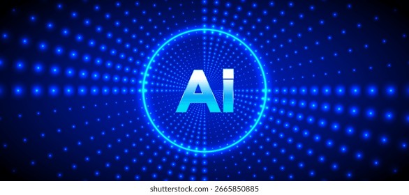 Plano de fundo vetorial da tecnologia AI horizontal com pontos azuis brilhantes e forma de círculo em estilo futurista. Perfeito para o site, capa e apresentação com tom de cor azul escuro e tema digital.