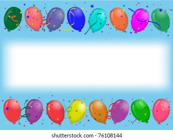 Horizontal align greeting card illustration with colored party balloons on blue background with white stripe for text on middle