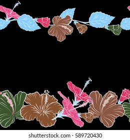 Horizontal aloha Hawaiian T-Shirt vector seamless Hibiscus Pattern On black Background in brown, green and pink Colors with copy space (place for your text).