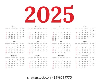 Horizontal American calendar for 2025.