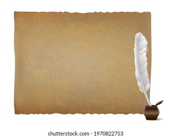 Horizontal ancient papyrus sheet and white feather quill and wooden inkwell. Ancient scroll background
