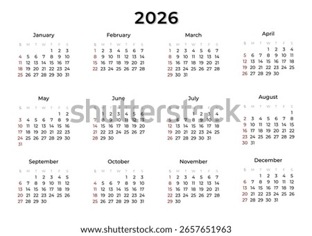 Horizontal annual calendar template for 2026 year isolated on a transparent background. Week Starts on SUNDAY. Business calendar in a minimalist style for 2026 year. Vector illustration