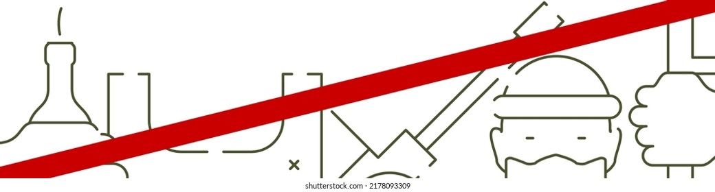 Horizontaler Anti-Kriegs-Banner. Roter Schrägstrich. Flache Vektorgrafik einzeln auf weißem Hintergrund.
