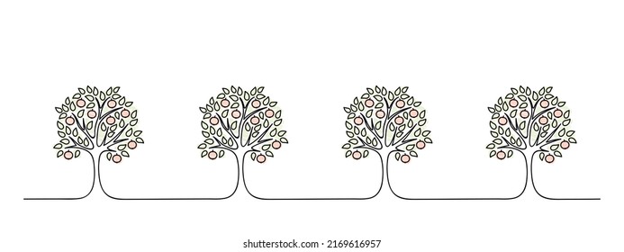 horizontal apple fruit garden tree set, wall decoration pattern, black line vector illustration, hand drawn simple decoration element,