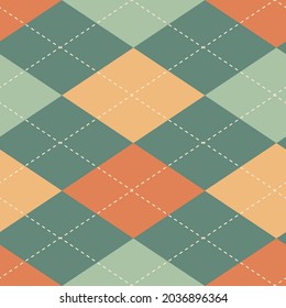 Horizontal argyle seamless vector pattern background. Geometric green, beige, orange, yellow backdrop. Overlay of intercrossing lines on solid multicolor diamond shapes. Scottish inspired repeat