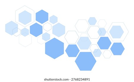 Horizontal arrangement of blue hexagons with varying sizes and transparency on white background