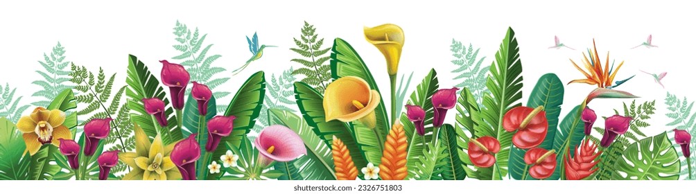 Arreglo horizontal con flores tropicales exóticas, aves y plantas